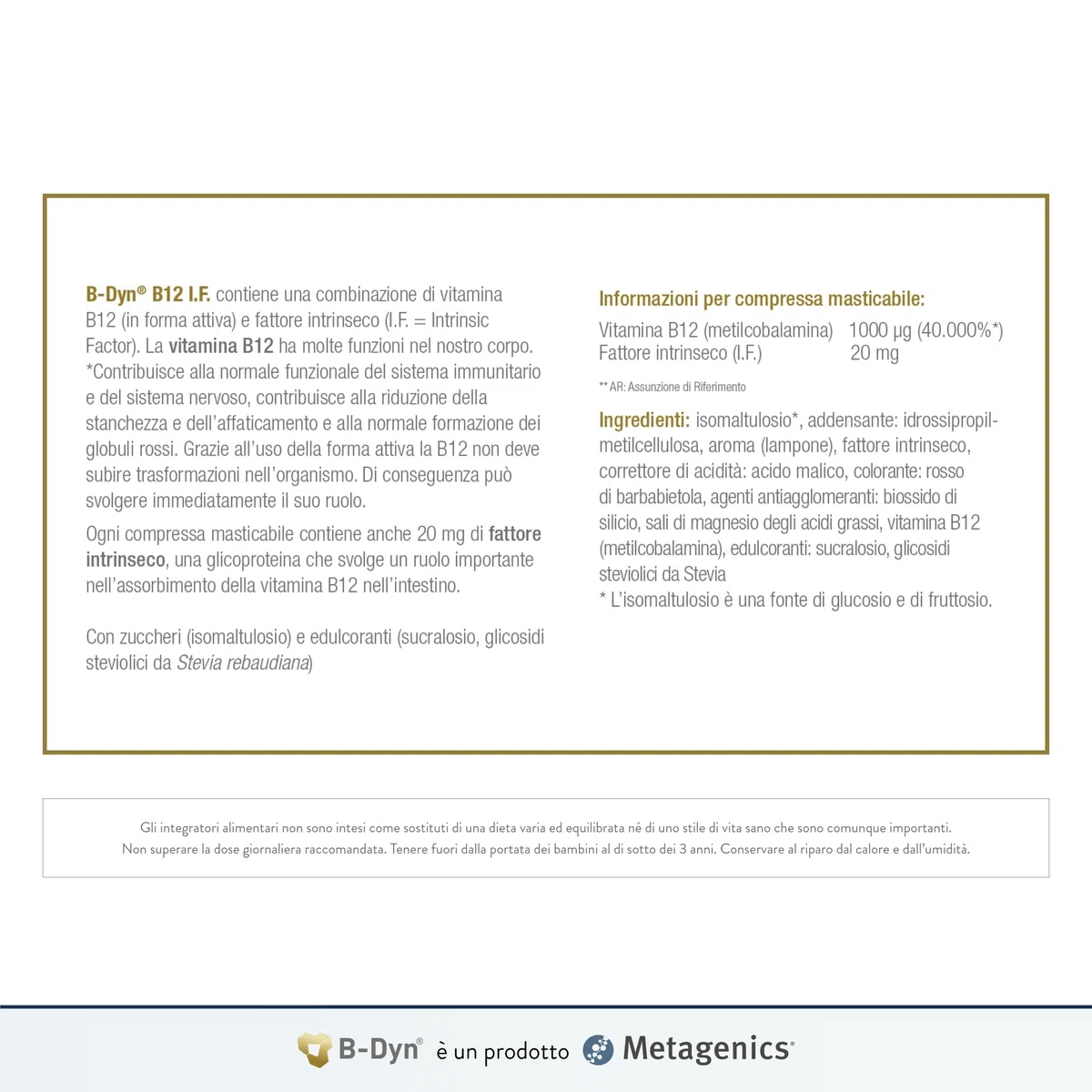 Metagenics B-Dyn B12 I.F. - Funzione Psicologica - Sistema Nervoso - Energia - 84 Compresse Masticabili