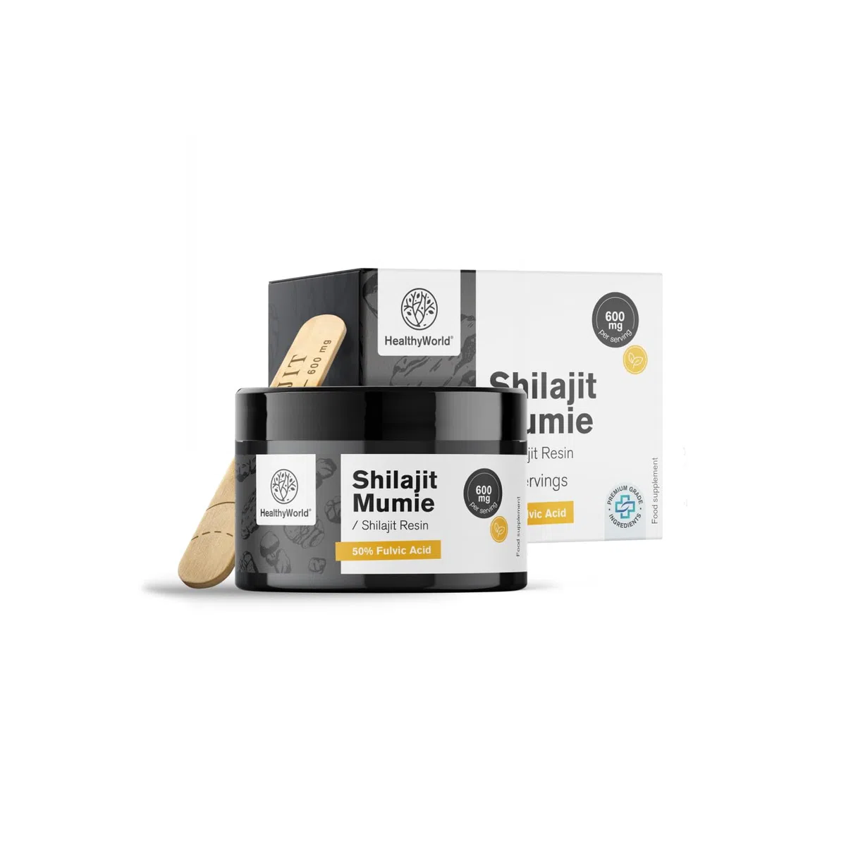 HealthyWorld Shilajit Mumio 600 mg – Resina ayurvedica - 50% di acidi fulvici – 50 dosi – Senza additivi – Dosatore incluso – Supporto alla vitalità - Aumento dell'energia