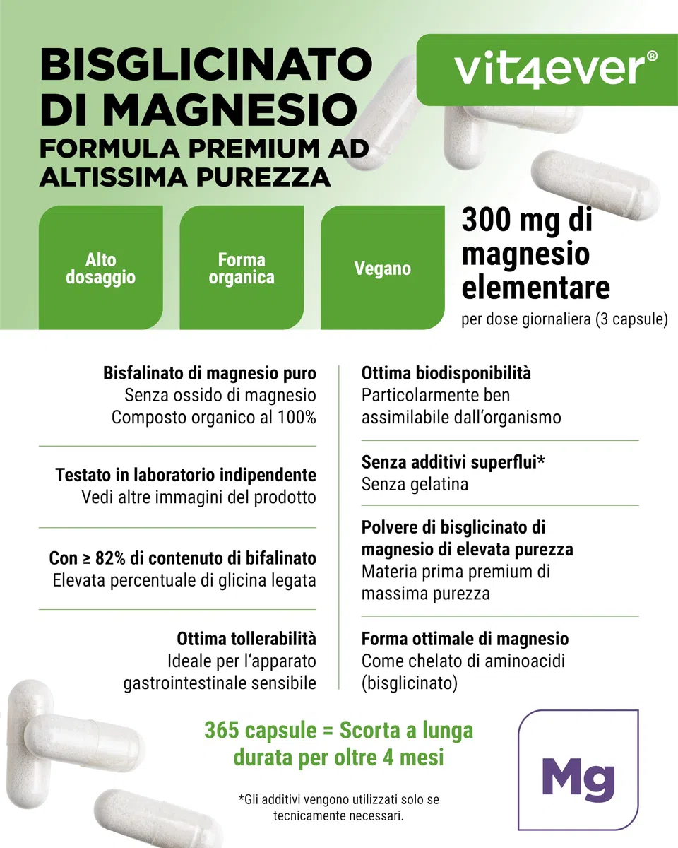 Magnesiobisglicinato - 365 Capsule - 300 mg di Magnesio Elementare per Dose giornaliera - Premium: Magnesio Chelato - Vegano - Ad Alto Dosaggio