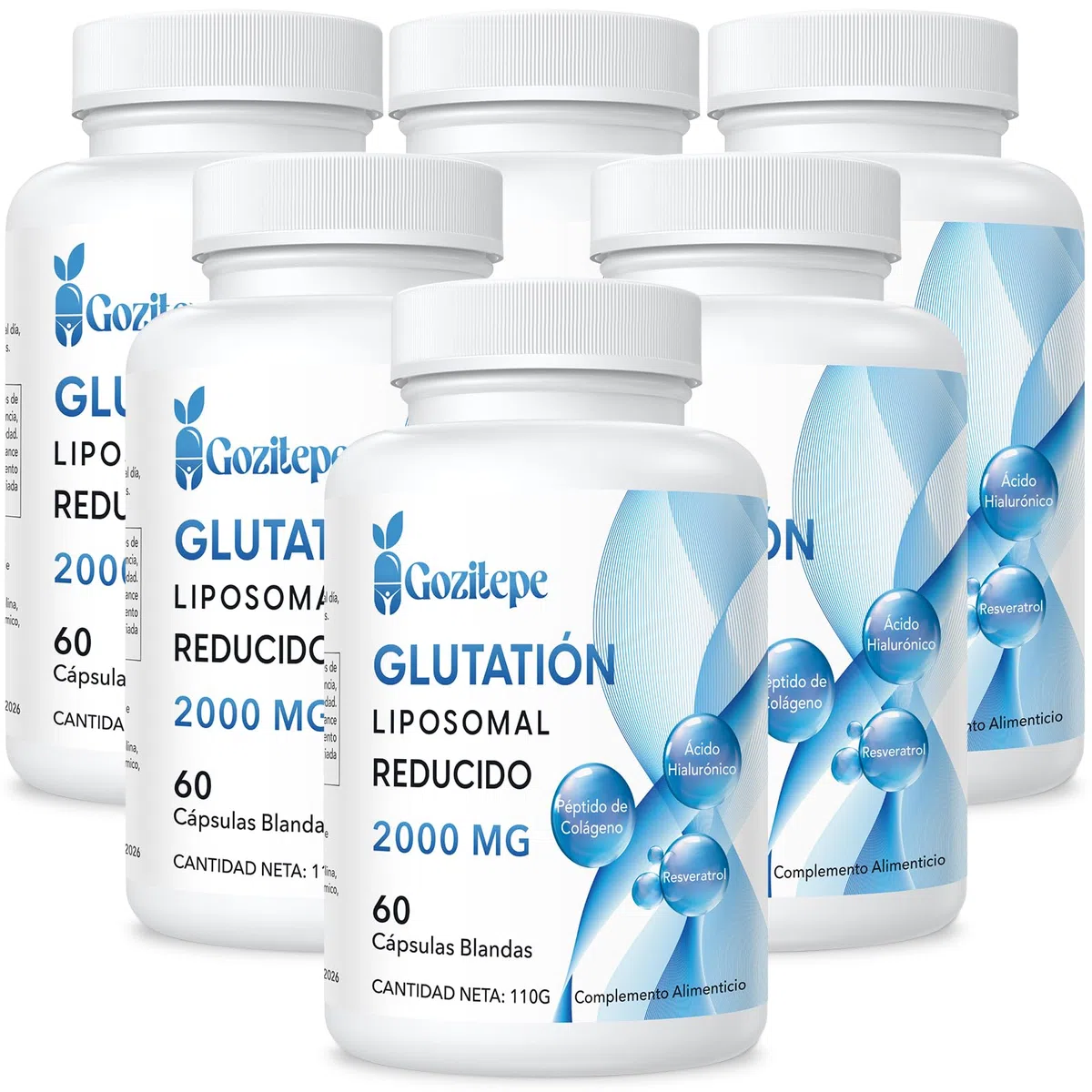 Liposomal Glutatione Ridotto 2000 mg per Porzione | Integratore di Glutatione con Acido Ialuronico + Peptidi di Collagene + Resveratrolo (60 Unità (Confezione da 6))