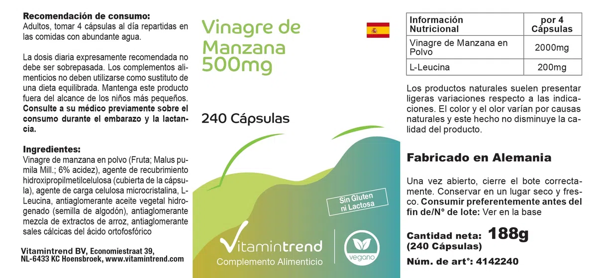 Vitamintrend Aceto di mele 500 mg, 240 capsule, 2000 mg di polvere di aceto di mele per dose giornaliera, integratore alimentare vegano senza magnesio stearato, prodotto in Germania