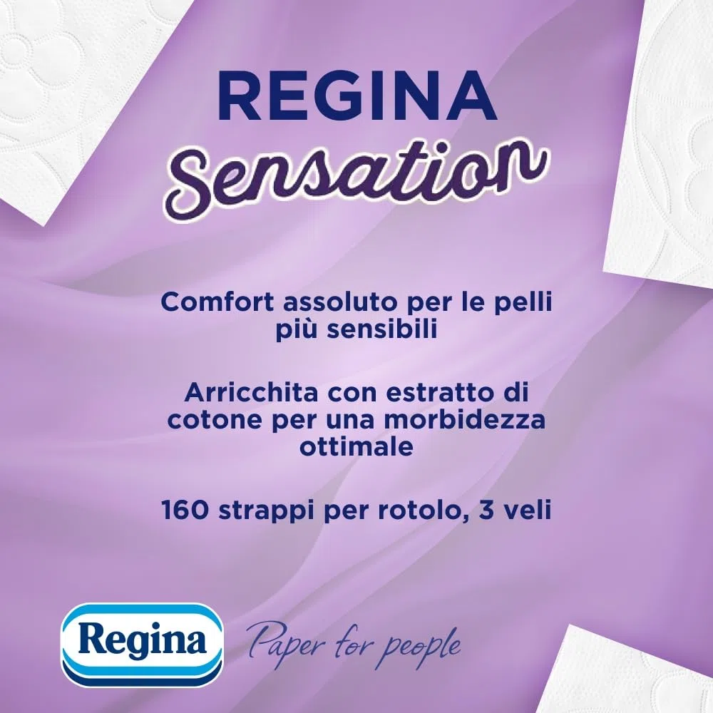 Regina Sensation - 42 Rotoli di Carta Igienica, 160 Soffici Strappi a 3 Veli, Morbida e Resistente, Con Estratto Naturale di Cotone, 60% Plastica Riciclata