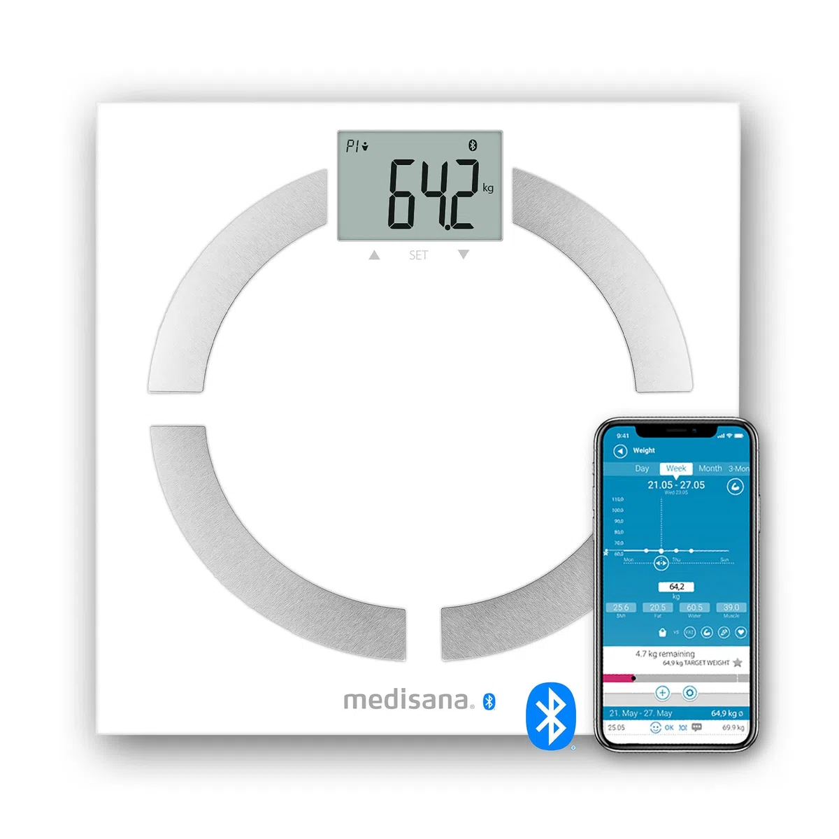 medisana BS 444 connect, bilancia digitale per analisi corporea 180 kg, bilancia personale per la misurazione del grasso corporeo, acqua corporea, massa muscolare e peso osseo con App