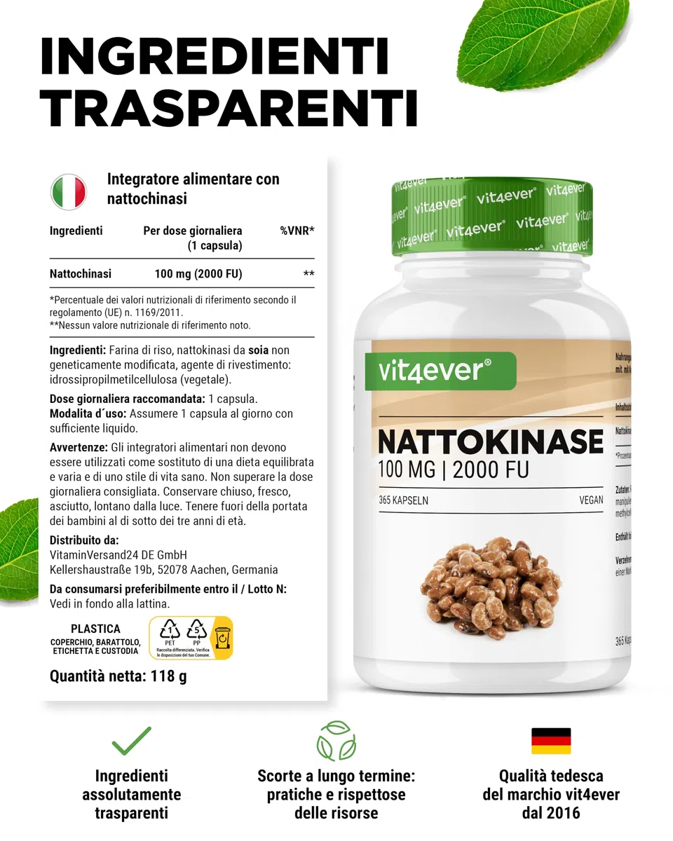 vit4ever Nattokinase - 365 Capsule da 100 mg Nattokinasi (20.000 FU/g) - Scorta per 12 Mesi - Alto Dosaggio - Vegano - Senza OGM - Senza Additivi Inutili