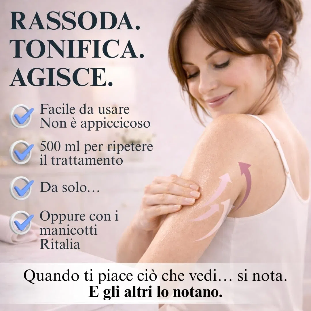 RITALIA Trattamento Rassodante Braccia 500 ml – Siero per Braccia Flaccide e Pelle Flaccida con Peptidi e Ginkgo Biloba – 10–12 Trattamenti – Compatibile con Manicotti – Made in Italy