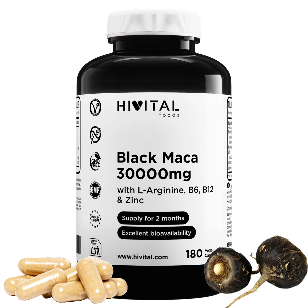 Maca Nera Peruviana 30000 mg. 180 capsule vegane per 2 mesi di trattamento. Estratto di Maca Andina con L-Arginina, Zinco e Vitamine B6 e B12. Prodotto in Europa da HIVITAL