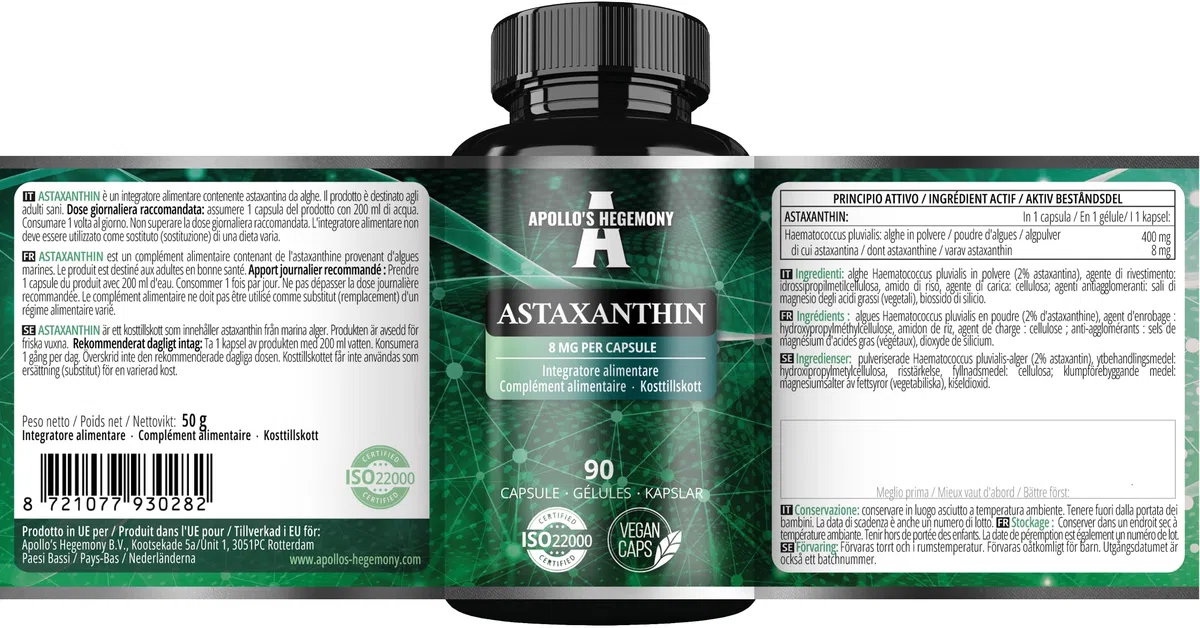 Astaxantina 8 mg da microalghe Haematococcus pluvialis - 90 capsule vegane - 3 mesi di fornitura - Potente antiossidante - Integratore alimentare - Apollo's Hegemony