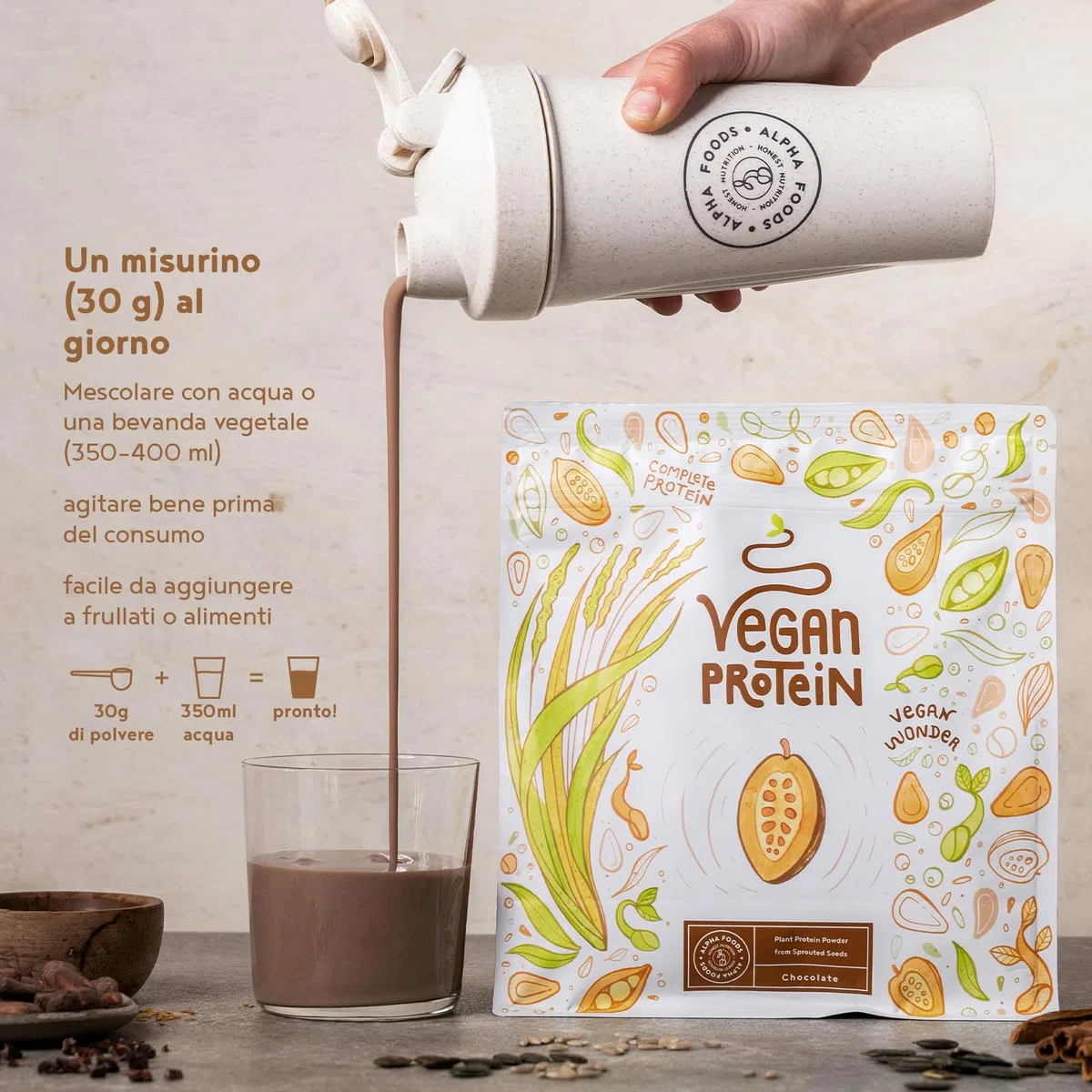 Proteine in Polvere Vegane | Gusto Cioccolato | 21g Proteine Vegetali Isolate di Pisello, Riso, Girasole e Soia | Massa Muscolare | 1.2kg Vegan Protein Powder | Alpha Foods