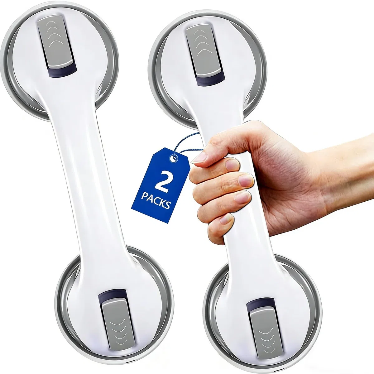 Maniglia per anziani, 2 pezzi, per doccia con ventosa, senza foratura, antiscivolo per doccia e bagno, tenuta forte fino a 110 kg, maniglia di sicurezza per anziani, grigio, 30 cm