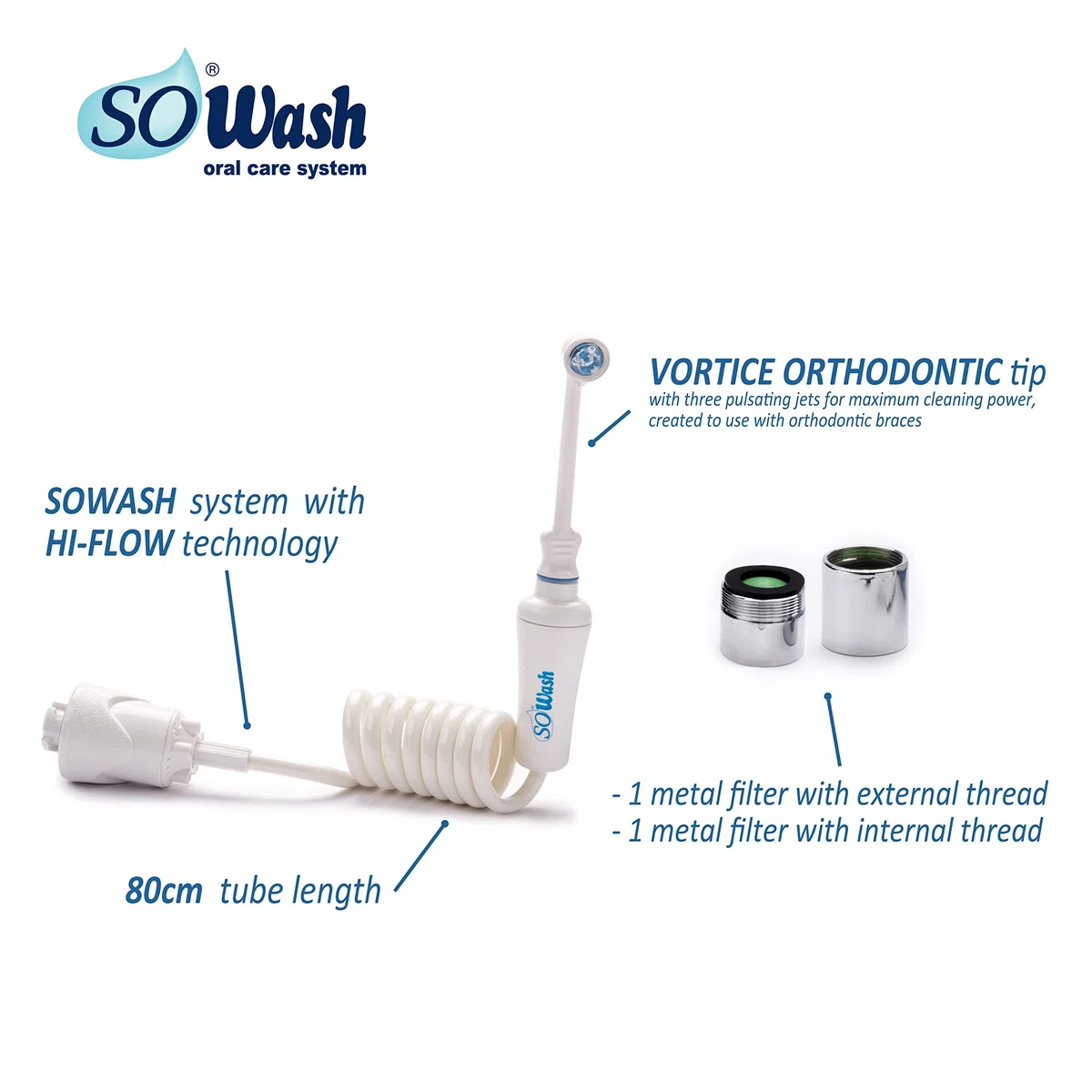 Idropulsore Dentale SoWash | Orthodontic | Si Collega al Rubinetto | Irrigatore Dentale Senza Batterie e Elettricità | Testina Orthodontic Ideale per Apparecchi Ortodontici | Prodotto Italiano
