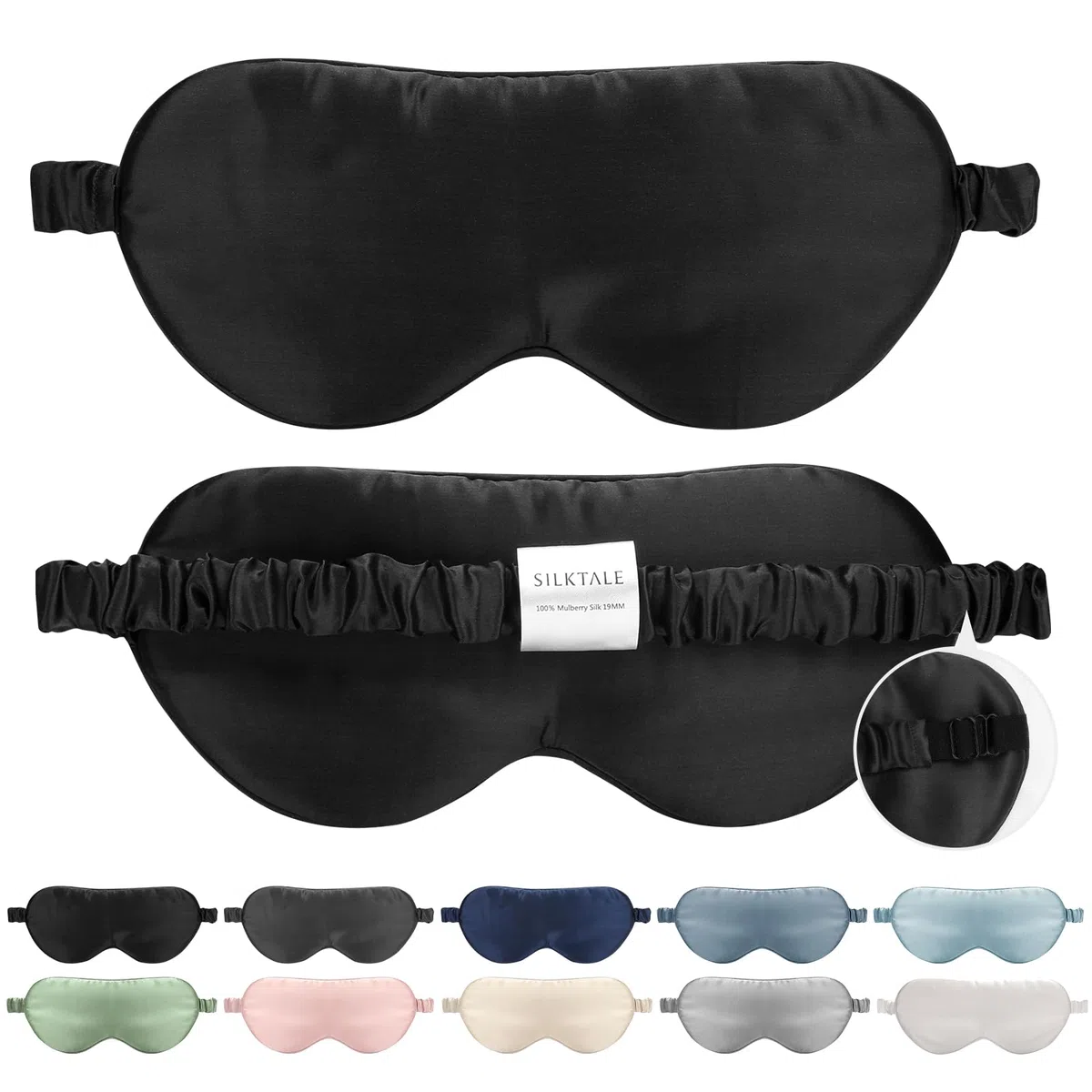 Mascherina Occhi Notte Sonno Per Dormire in Seta di Gelso al 100% 19MM con Fascia Regolabile Nascosta，Nero