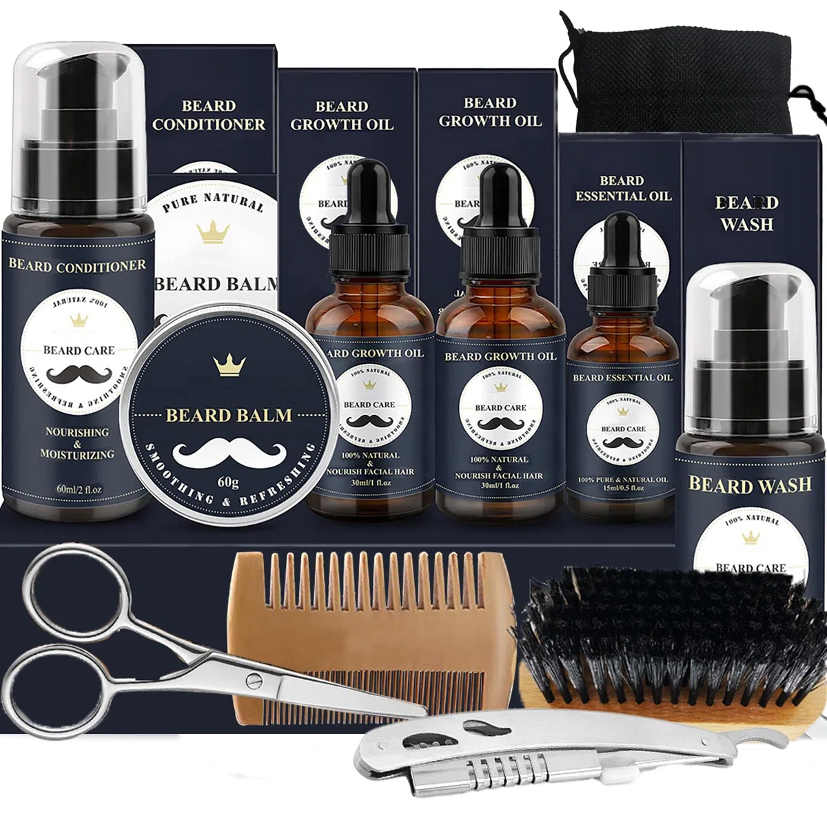 Joric Set per la cura della barba da uomo, con shampoo, olio per barba, balsamo per barba, balsamo per barba, set con spazzola, pettine, forbici