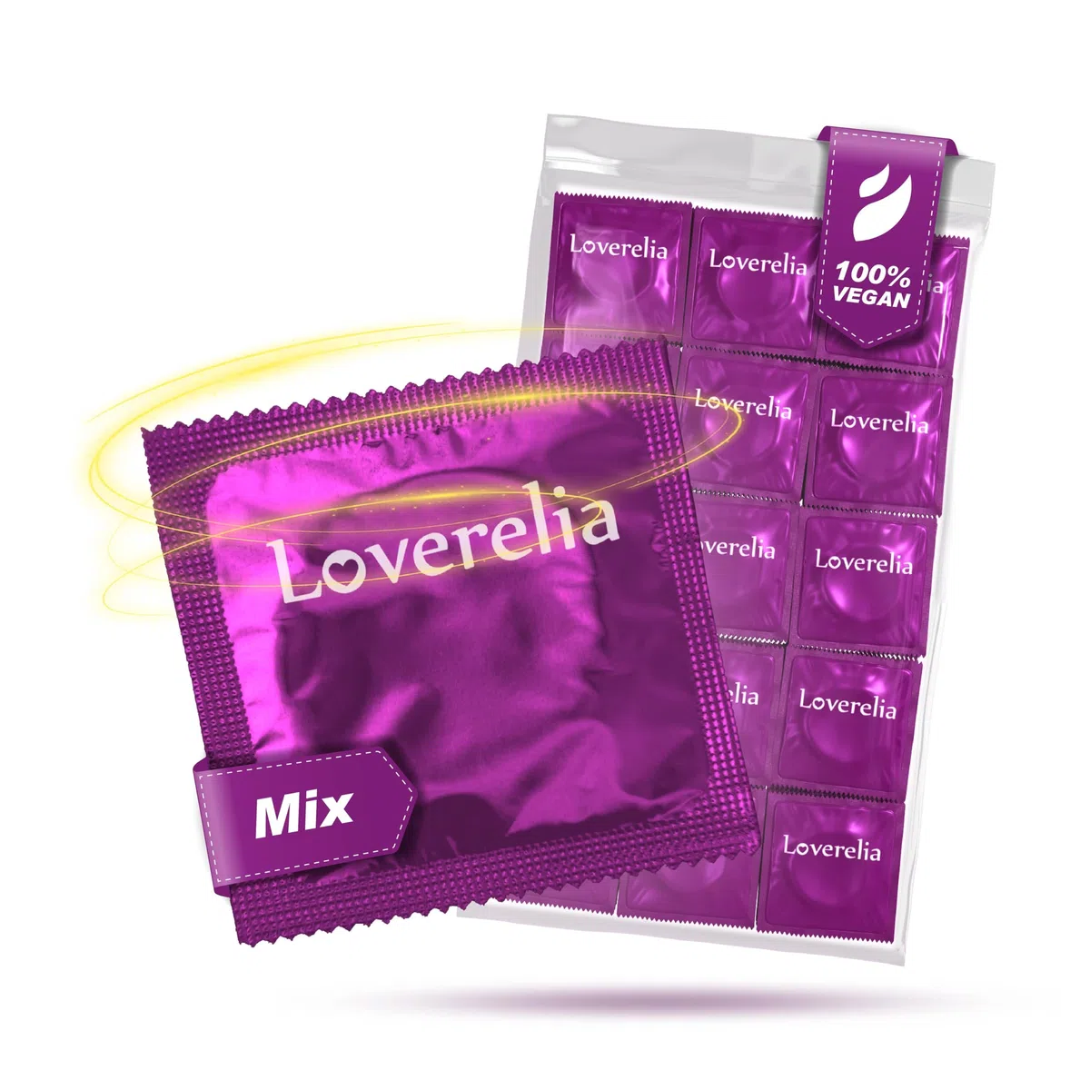 Preservativi Loverelia "Mix" - 100 pezzi (2x50 pezzi) - realizzati con 10 diversi tipi di preservativi - vegani - per più varietà nella tua vita amorosa