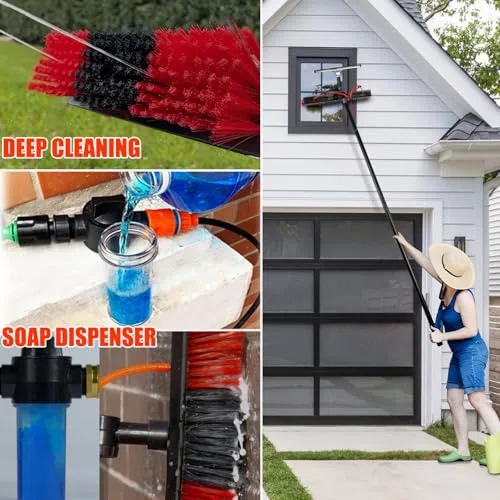 Kit de cepillo de limpieza de ventanas con poste de 9 m, cepillo alimentado por agua, dispensador de jabón y manguera de 20 m, ideal para paneles solares, limpiador de aluminio de 55 cm
