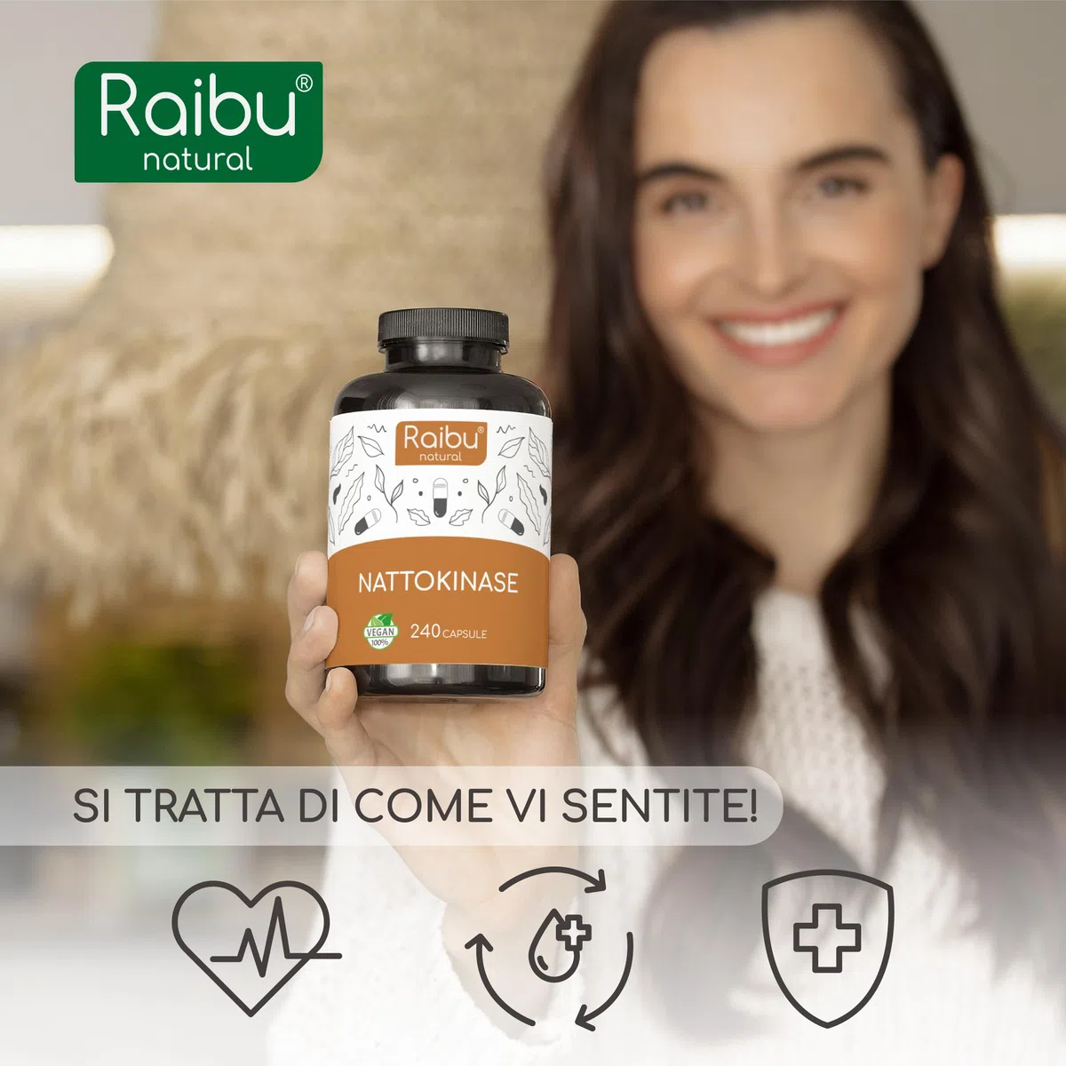 Raibu Nattokinase - Alto Dosaggio 100 mg (Nattokinase 20.000 FU/g) - Natto Giapponese da Soia, 8 Mesi di Fornitura - 240 Capsule, Testato in Laboratorio e Vegano - Senza Additivi