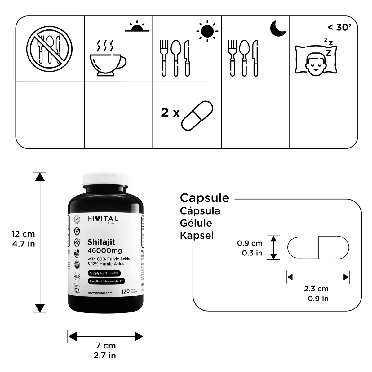 Shilajit puro 46000 mg. 120 capsule vegane per 2 mesi di trattamento. 60% di Acido Fulvico e 12% di Acidi Umici. Ricco di Minerali e Oligoelementi. Prodotto in Europa da HIVITAL
