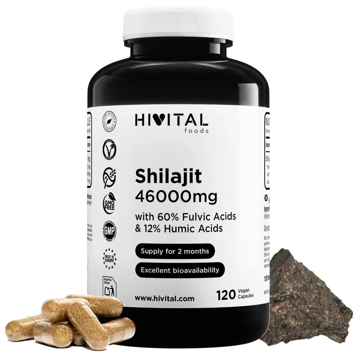 Shilajit puro 46000 mg. 120 capsule vegane per 2 mesi di trattamento. 60% di Acido Fulvico e 12% di Acidi Umici. Ricco di Minerali e Oligoelementi. Prodotto in Europa da HIVITAL
