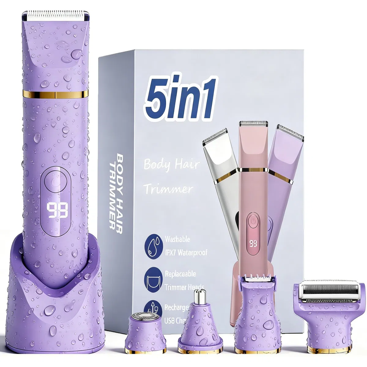 Trimmer for Woman (Lila) XkuiHF 5 in 1 Rasoiere elettrica per donna, tagliauova per donna, rasoi per donna, taglia capelli intimo impermeabile per corpo e viso, rasoi elettrici, tronchesine (Viola)