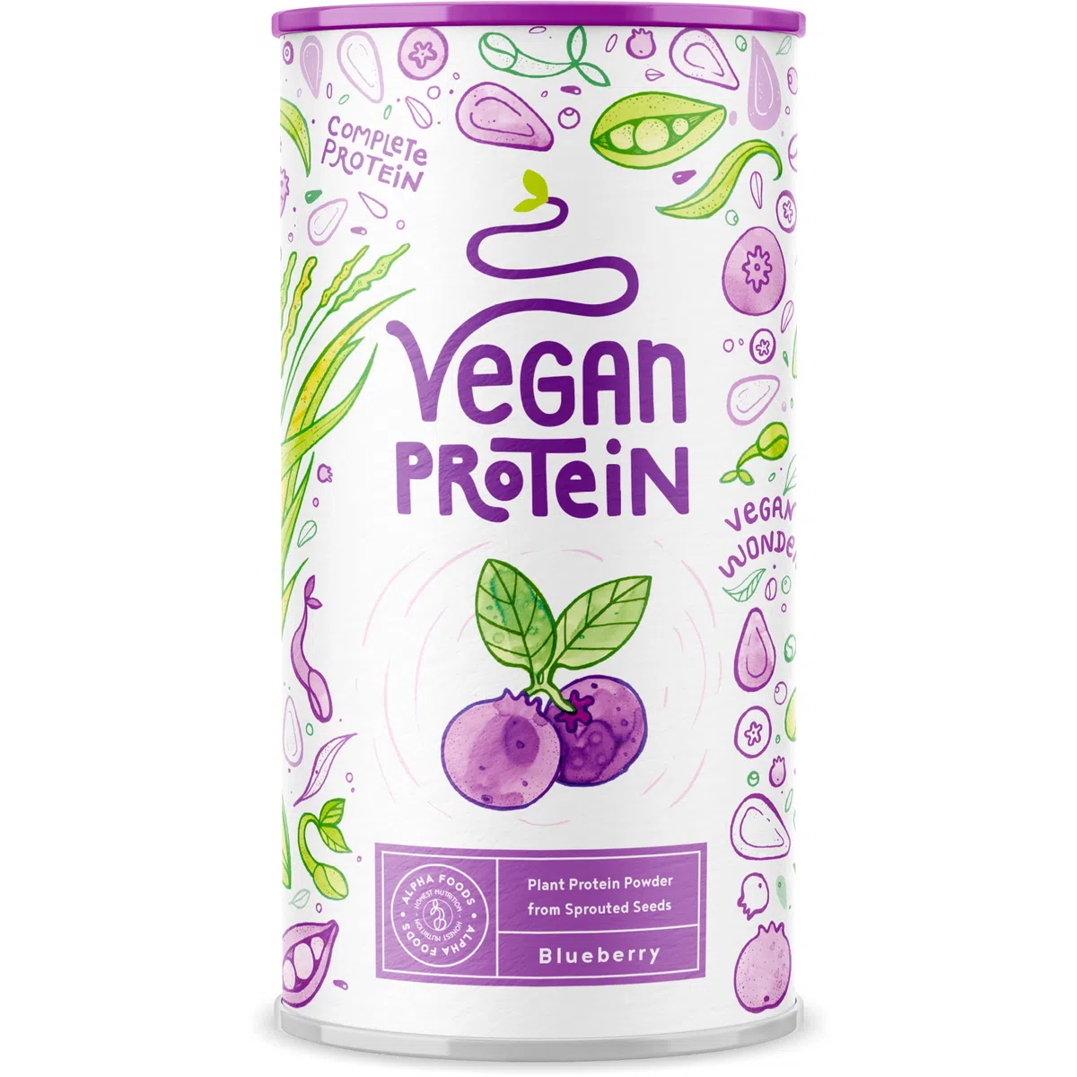 Proteine in Polvere Vegane | Gusto Mirtillo | 17g Proteine | Proteine Vegetali Isolate in Polvere di Pisello, Riso e Girasole | Massa Muscolare | 600g Vegan Protein Powder | Alpha Foods