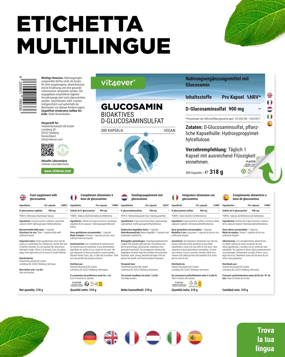 Glucosamina 900mg - 300 capsule - solfato di D-glucosamina bioattivo da fermentazione - senza additivi indesiderati - dose elevata - vegano