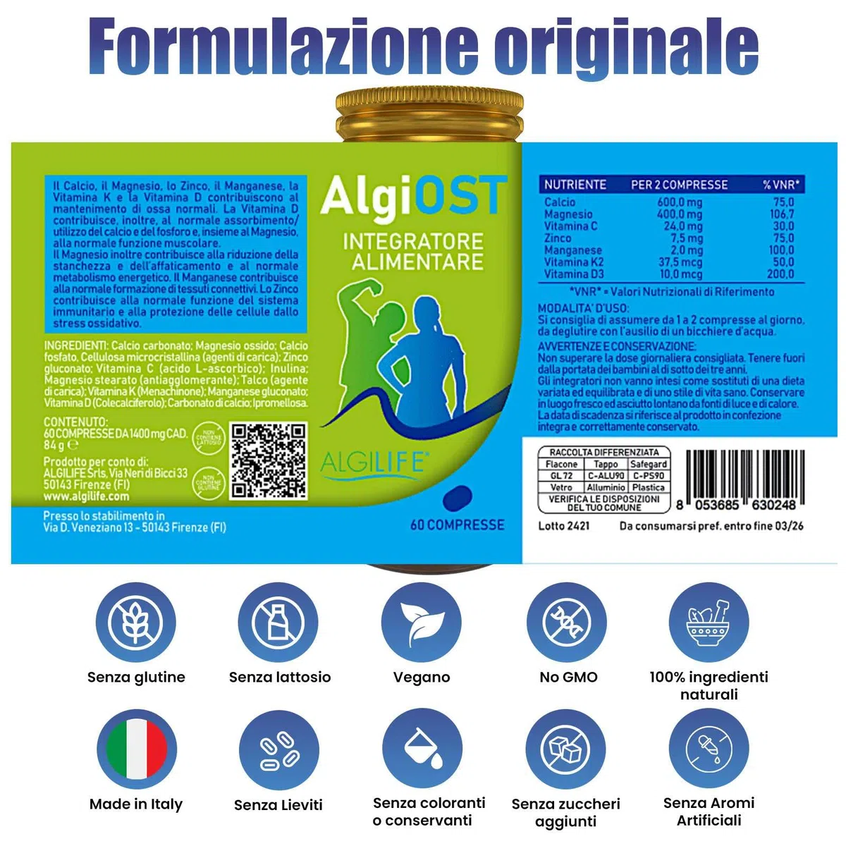 Calcio Magnesio Zinco e Vitamina D3 K2, Vitamina C, Manganese (60 Compresse Vegane) AlgiOST ALGILIFE - ZMA Integratore Magnesio, Calcio Integratore, Zinco Integratore per Ossa, Denti, Articolazioni