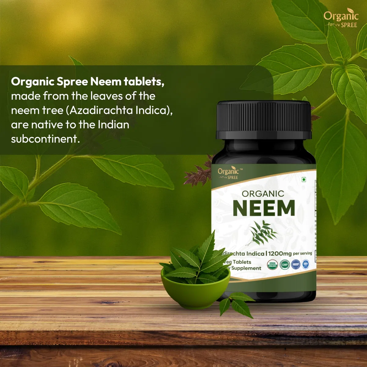 Organic Spree NEEM 120 Tablets (Azadirachta Indica) | Biologico e Naturale | Vegano e certificato USDA 120 compresse | 1200 mg per porzione (2)