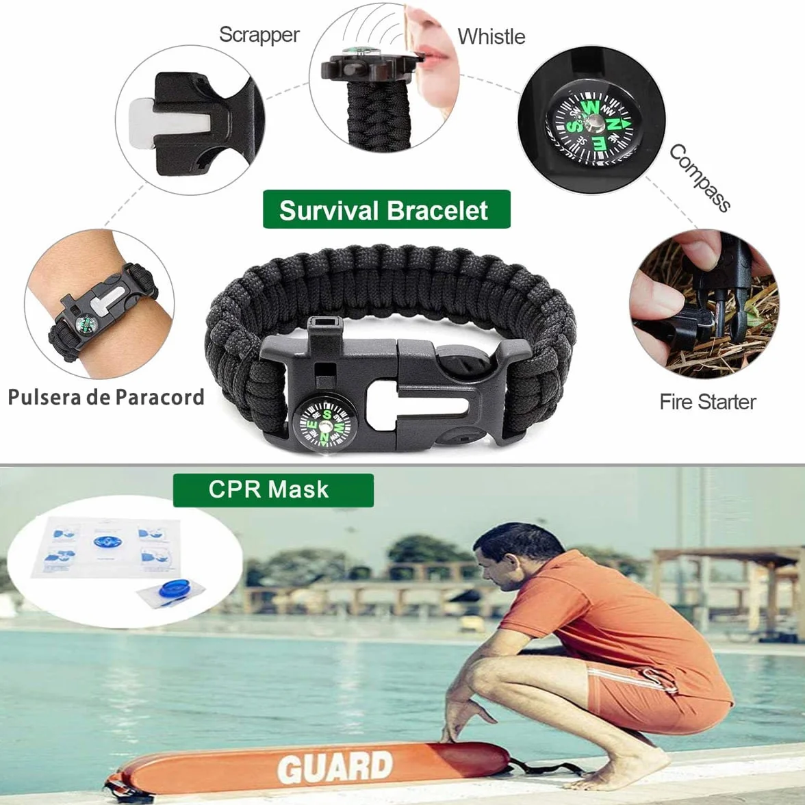 Kit di Sopravvivenza 63 in 1, Multifunzione Kit di Pronto Soccorso di Emergenza, Kit Sopravvivenza per Campeggio Escursionismo Avventure, Regalo di Compleanno Natale per Uomini Papà Adolescenti