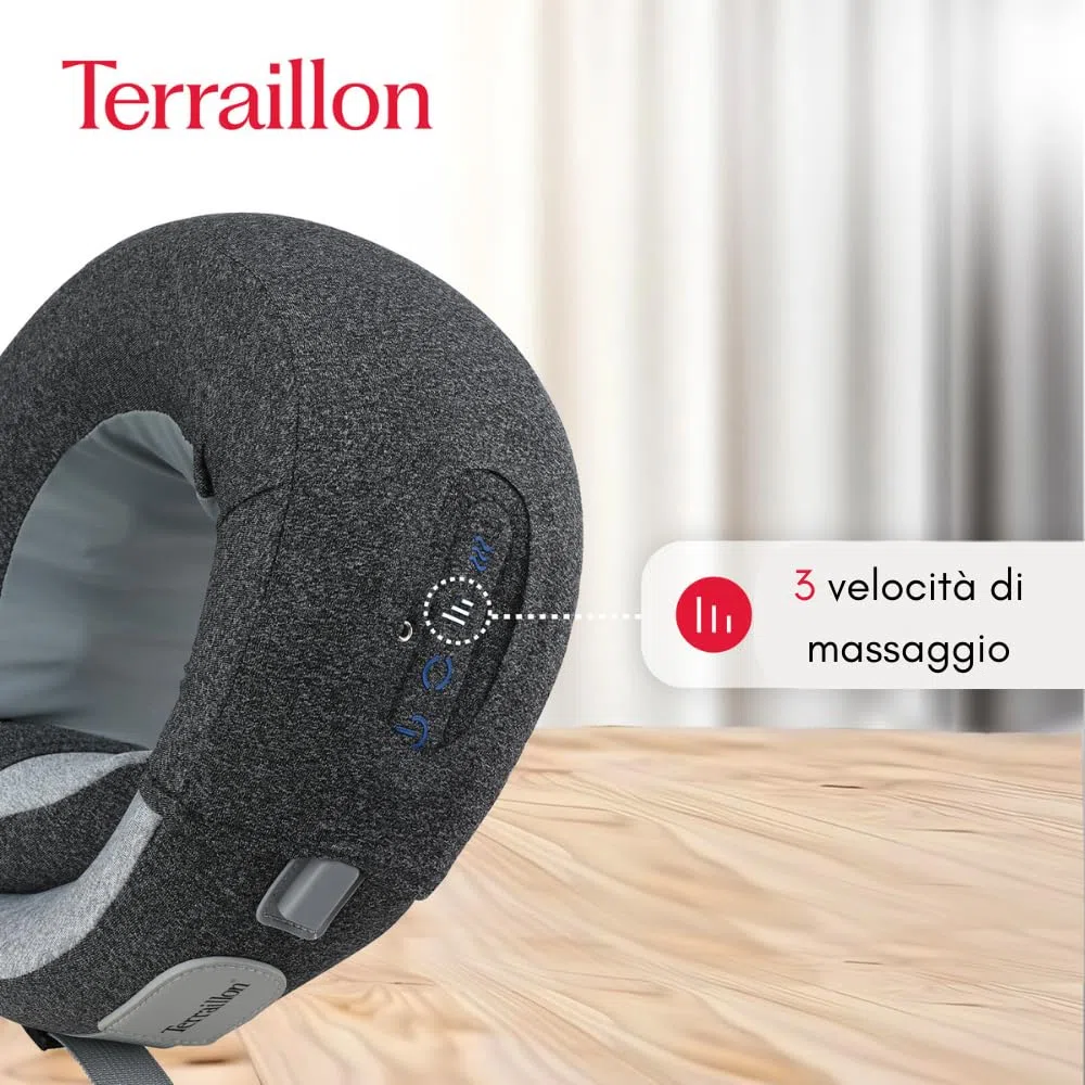 TERRAILLON - NECK MASSAGER, Cuscino massaggio collo e cervicale, rilassante, riduzione della tensione, anti-stress, 3 velocità di massaggio, 2 direzione di rotazione, opzione riscaldante, cinghia