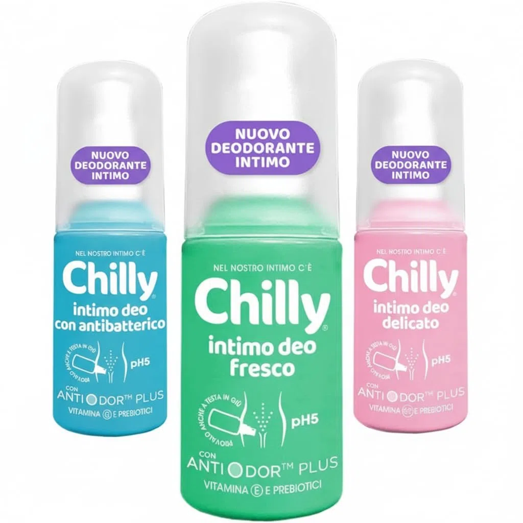 Chilly Deodorante Intimo Set 3 Pezzi, Fresco Delicato Antibatterico, pH5 con Antiodor Plus, Vitamina E e Prebiotici