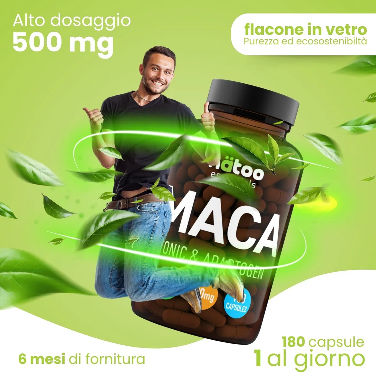NÄTOO Essentials Maca 500mg 180 CPS Vegetali - Integratori Stanchezza con Maca Peruviana delle Ande (Ginseng Peruviano), Maca Forte con proprietà tonico adattogene, radice di Maca