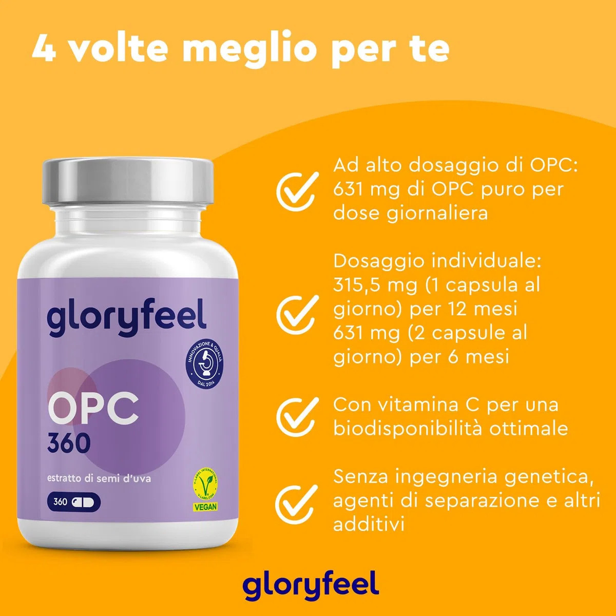 Integratore OPC, Estratto di semi d'uva con Vitamina C, 360 Capsule Vegan, 631mg di OPC puro da Uve Francesi, Antiossidante per Circolazione, Proantocianidina Oligomerica