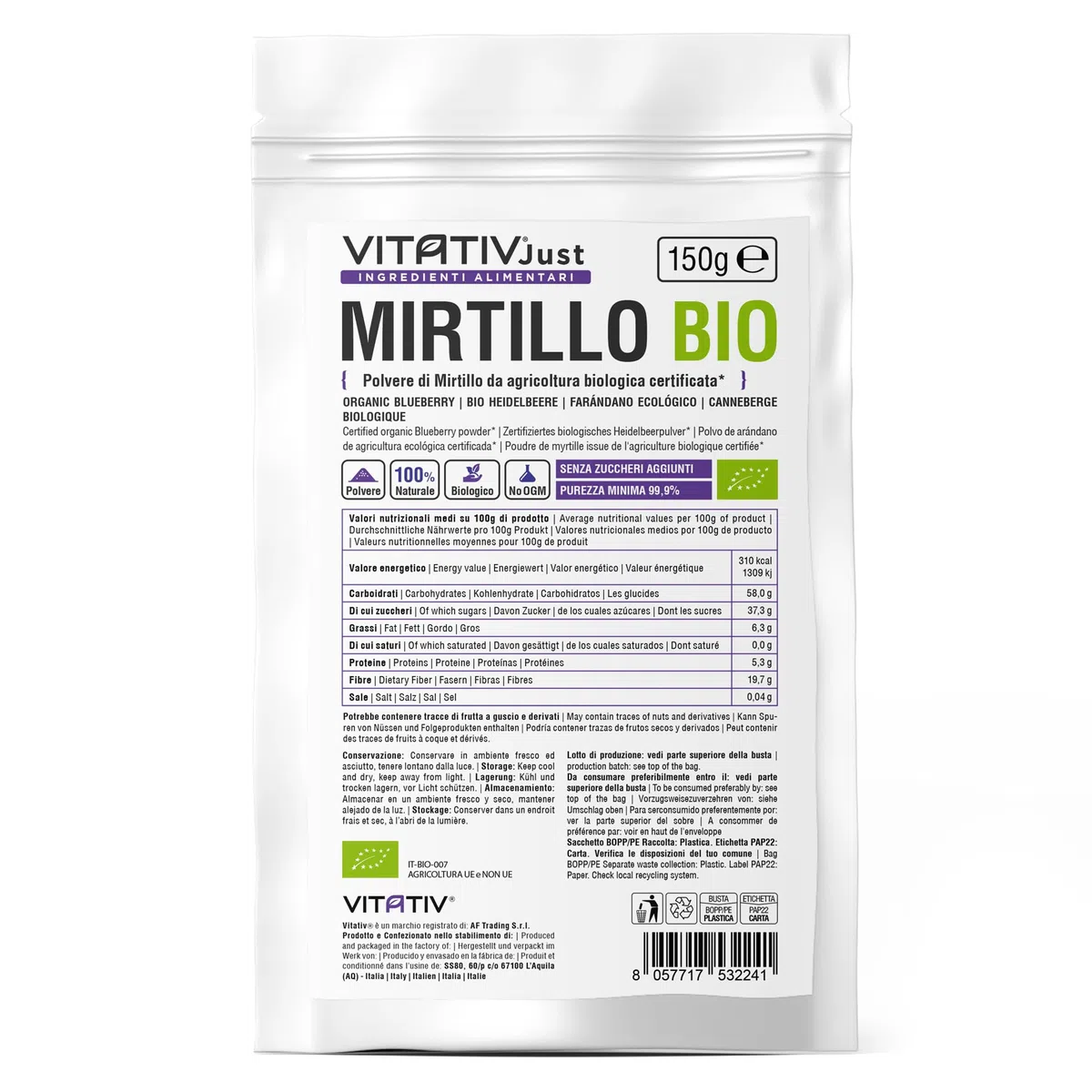 Polvere di Mirtillo Bio, Senza Zuccheri Aggiunti, da Agricoltura Biologica Certificata