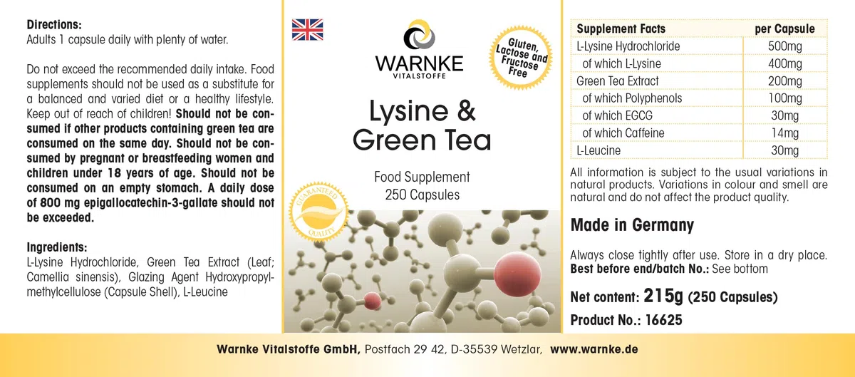 L-lisina e tè verde - 250 capsule - polifenoli - EGCG - caffeina - vegano e ad alto dosaggio - confezione grande | Warnke Vitalstoffe - Qualità farmaceutica tedesca