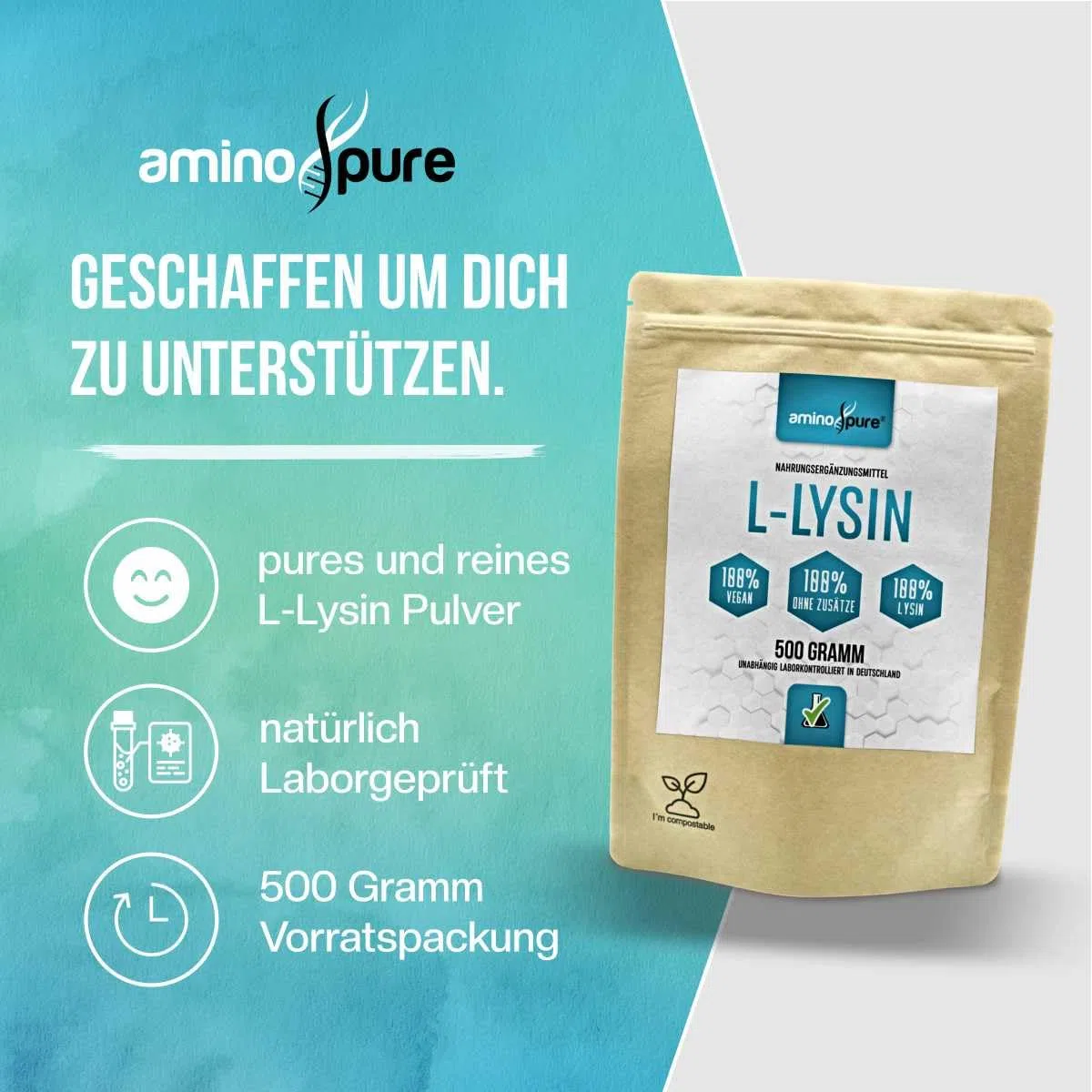 Polvere di lisina pura | L-Lisina pura senza additivi | 250 porzioni (2 grammi al giorno) | 100% vegano e privo di sostanze nocive in laboratorio con certificato | 500 grammi