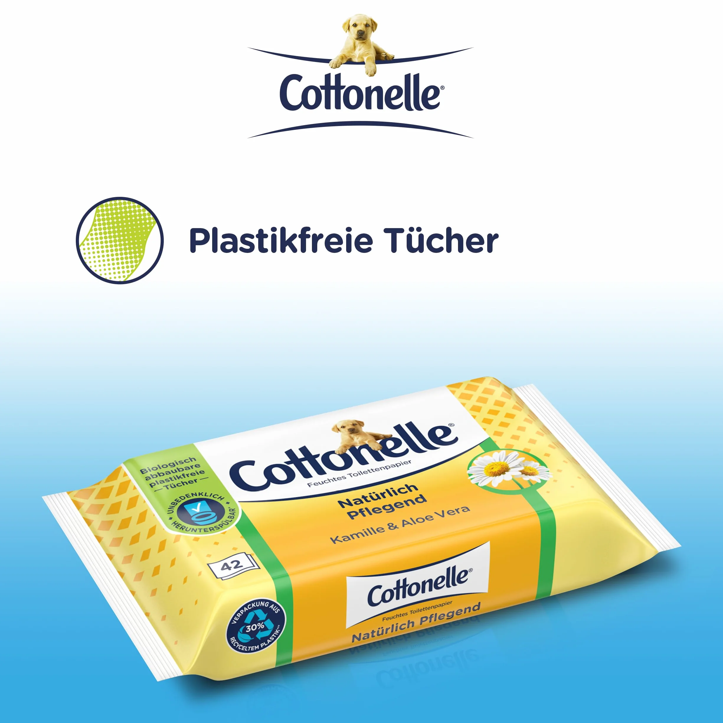 Cottonelle Carta igienica umida, naturale nutriente, camomilla e aloe vera, biodegradabile, senza plastica, richiudibile, confezione conveniente, 12 x 42 salviettine umidificate