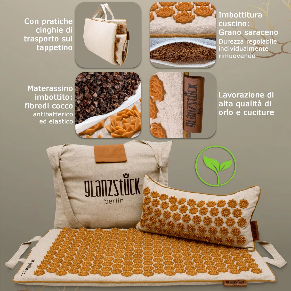 Glanzstück Berlin® Health Collection: Set di tappetini per agopressione XL originale in lino, aiuto in caso di tensioni, mal di schiena, tappetino massaggiante con cuscino (funzione termica) e