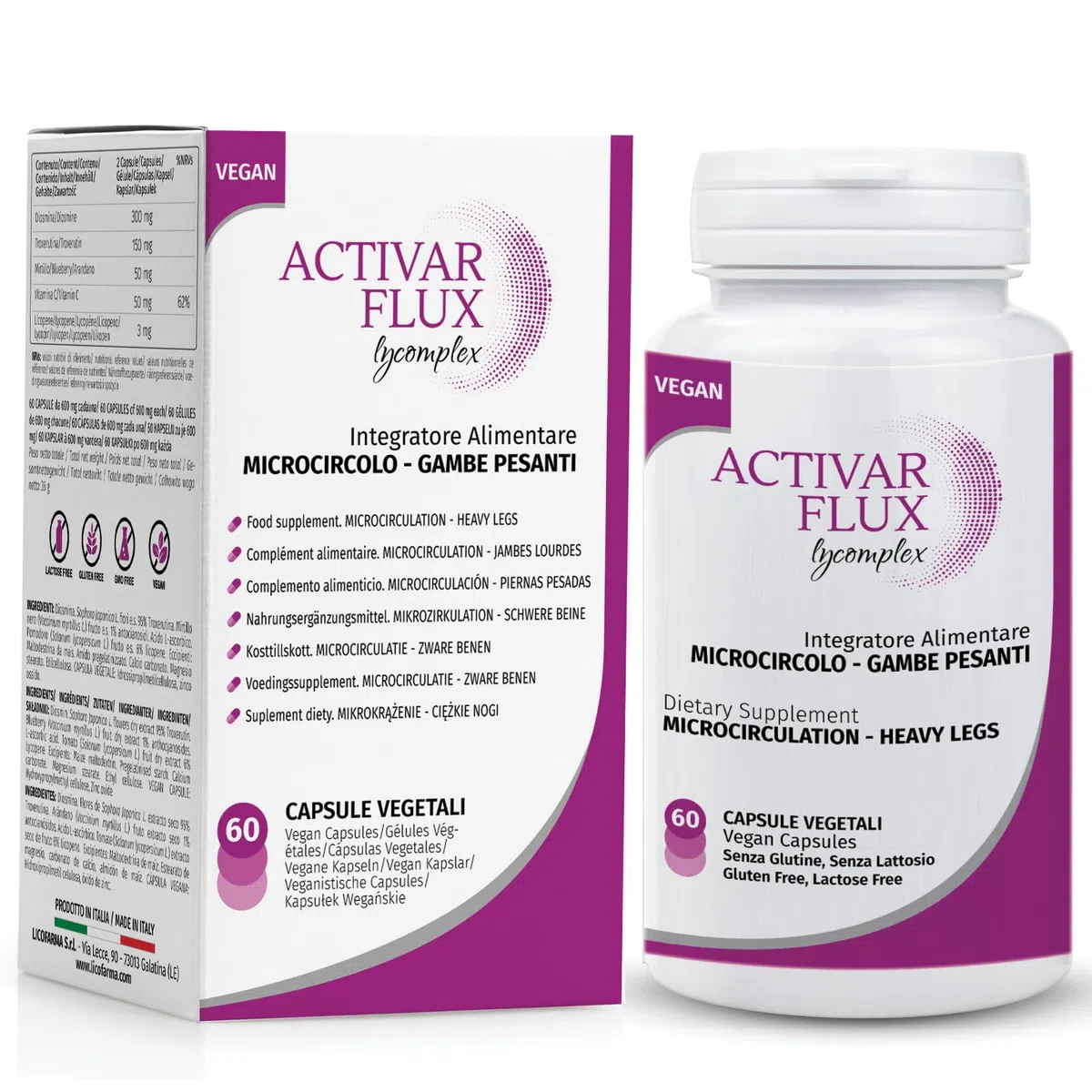 Activar Flux Lycomplex | Integratore con Diosmina, Troxerutina e Mirtillo | Sostiene la Funzionalità del Microcircolo | Per Vene, Capillari Fragili, Gambe Gonfie e Pesanti | 60 Capsule Vegetali