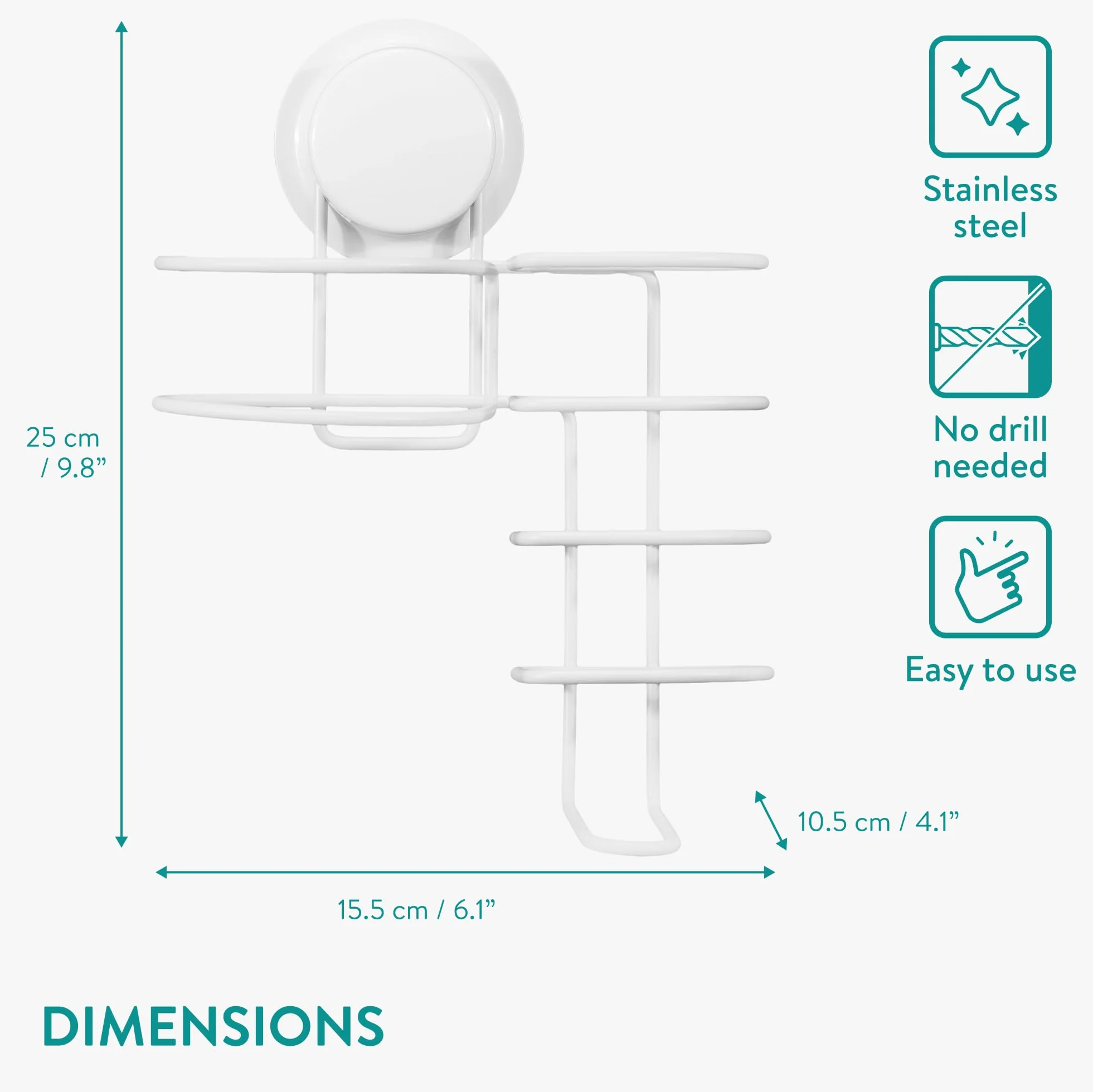 Navaris Porta Phon Piastra con Ventosa Ø 8 cm - Cestino Adesivo Muro/Vetro Cura Capelli - Porta Asciugacapelli Portapiastra Cromato per Parrucchieri - Senza Foratura - Bianco