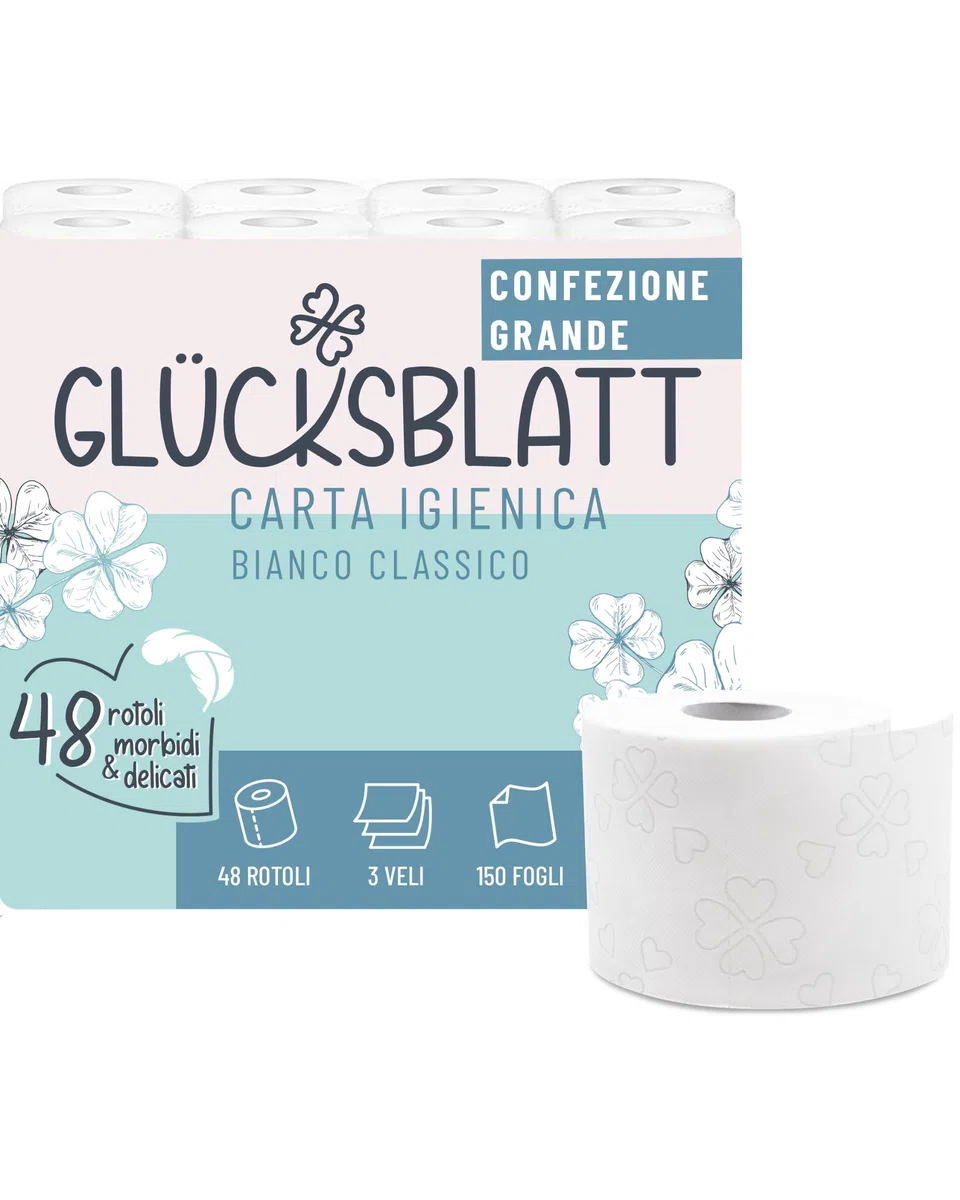 Glücksblatt carta igienica super morbida con goffratura fortunata, 3 strati, 48 rotoli x 150 fogli, 100% cellulosa, ideale per campeggio