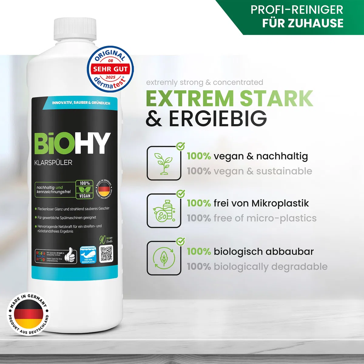 BiOHY Brillantante (Bottiglia da 1l) | Adatto a tutte le lavastoviglie (commerciali), per una brillantezza imbattibile su bicchieri e stoviglie (Klarspüler)