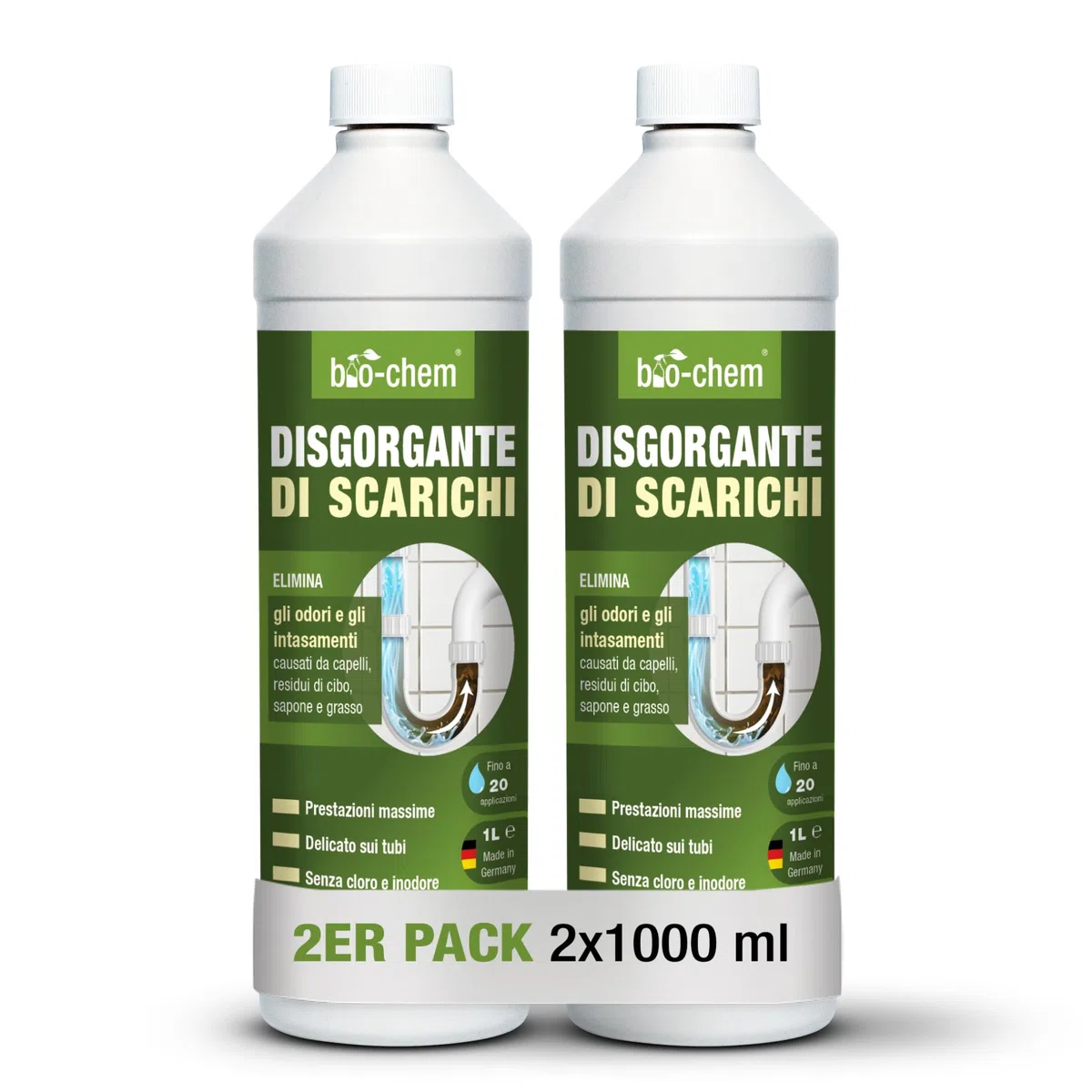 Bio-Chem – Disgorgante professionale per scarichi liquido 2L contro capelli e residui, efficace anche con acqua stagnante, formula concentrata fino a 20 utilizzi