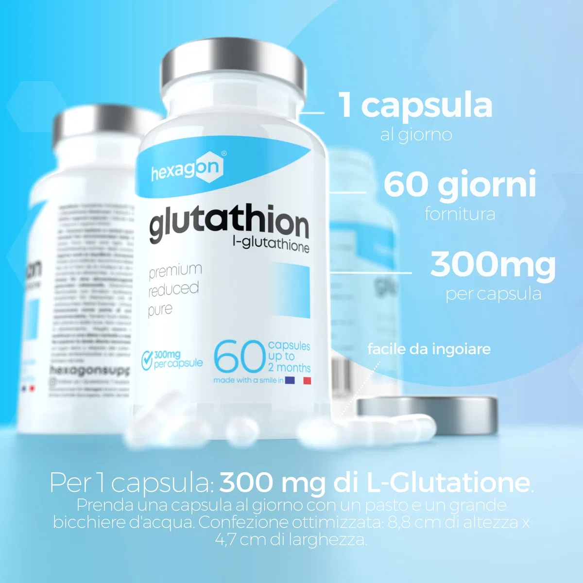 Glutatione 300mg - Cura di 2 Mesi - Forte, Ridotto & Attivo - L-Glutatione, Purifica la Pelle - Antiossidante e Disintossicante - 60 Capsule Vegetali - Vegan - Made in France - Hexagon