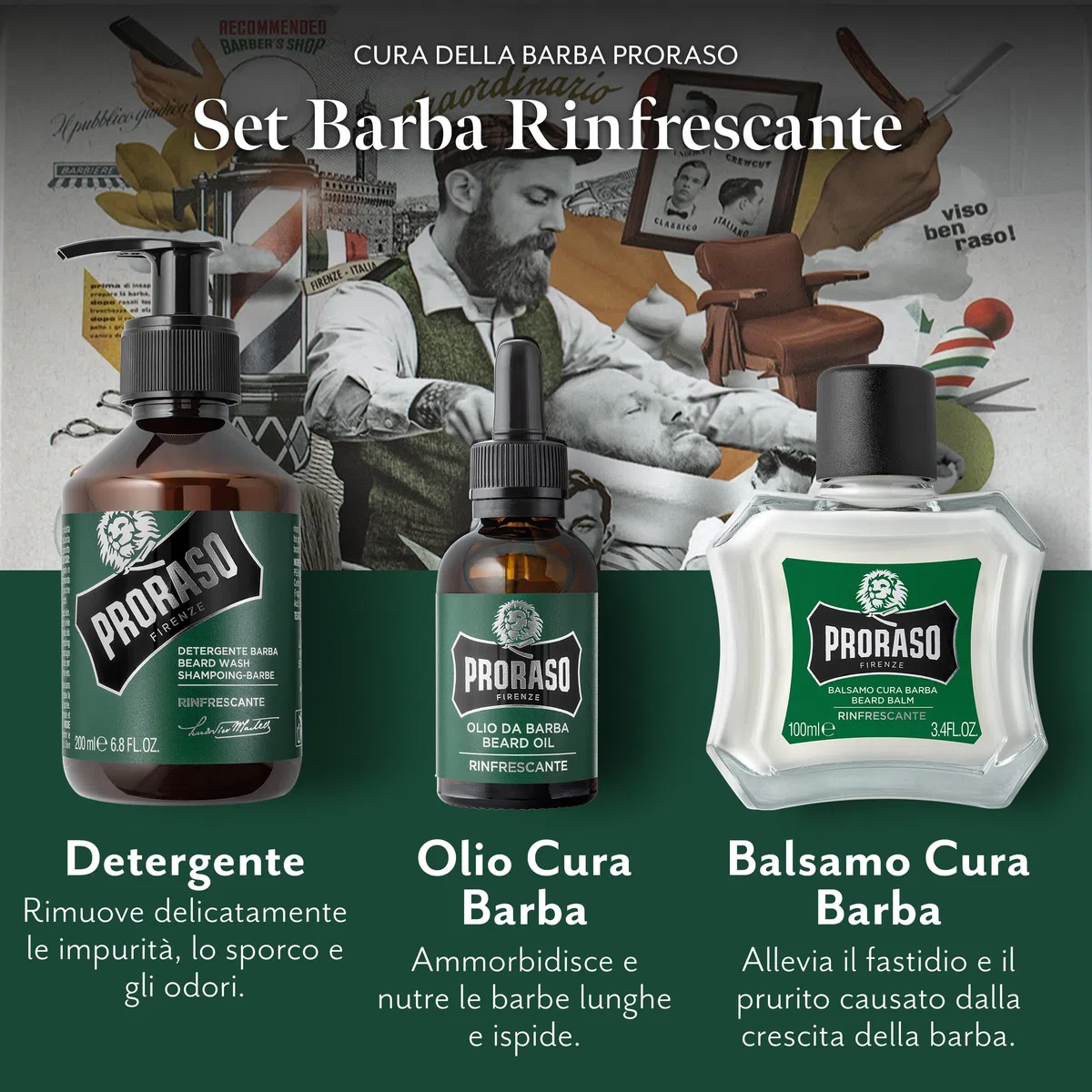 Proraso Set barba uomo Rinfrescante, Set ideale come regalo uomo contenente Shampoo da 200 ml, Olio 30 ml e Balsamo per la barba da 100 ml, Made in Italy