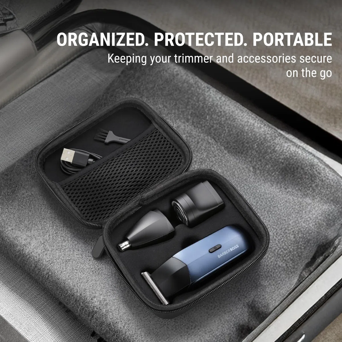 BarberBoss Rasoio elettrico da uomo 3 in 1, kit da viaggio per uomo, rasoio per barba e capelli, trimmer naso e orecchie, mini testina di rasoio, toelettatura maschile (Blu Navy Metallizzato)