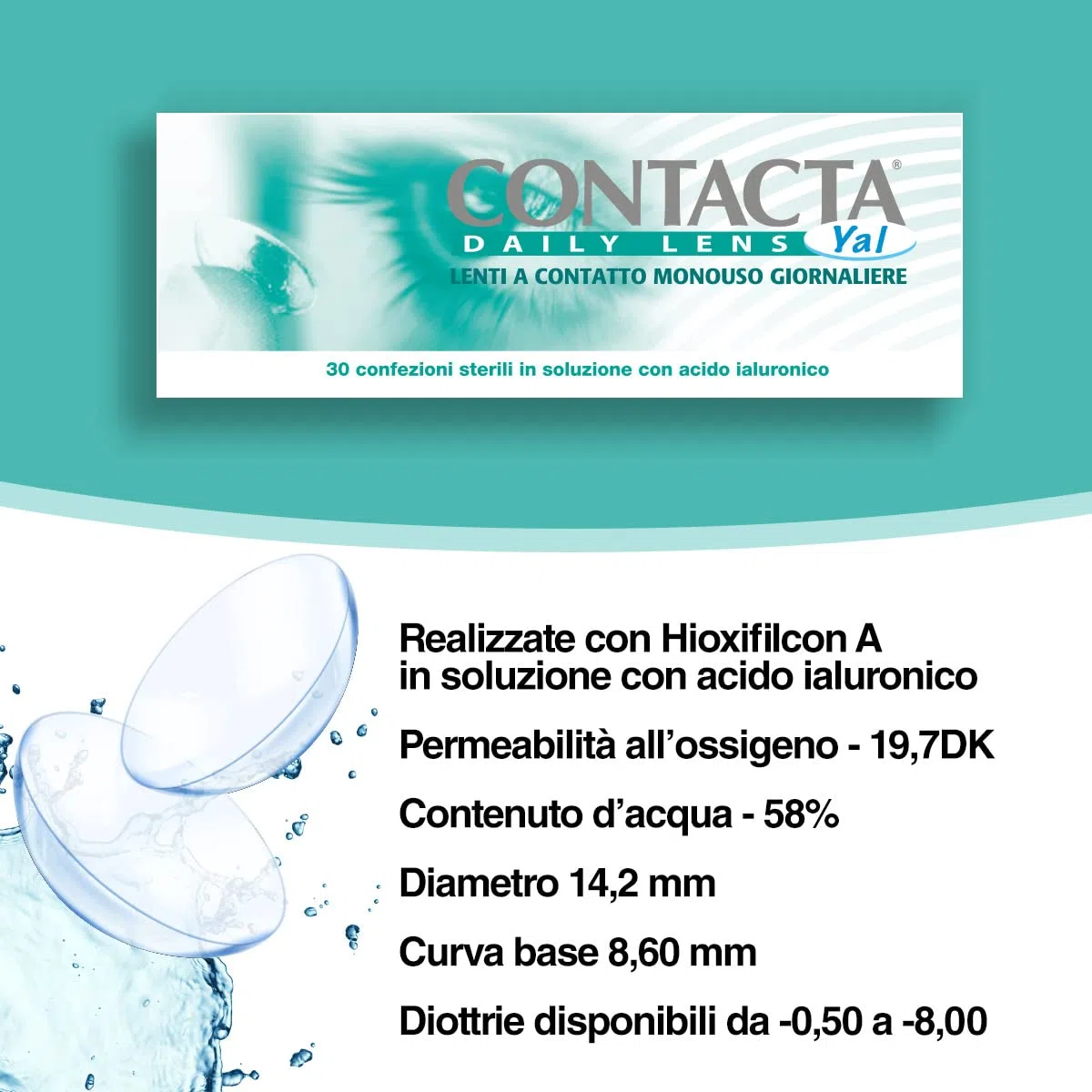 Contacta, Daily Lens Yal 30, Lenti a Contatto Giornaliere per Miopia, Lenti a Contatto con Acido Ialuronico Sicure e Facili da Applicare, Diottrie -5,75, Confezione da 30 Lenti Monouso