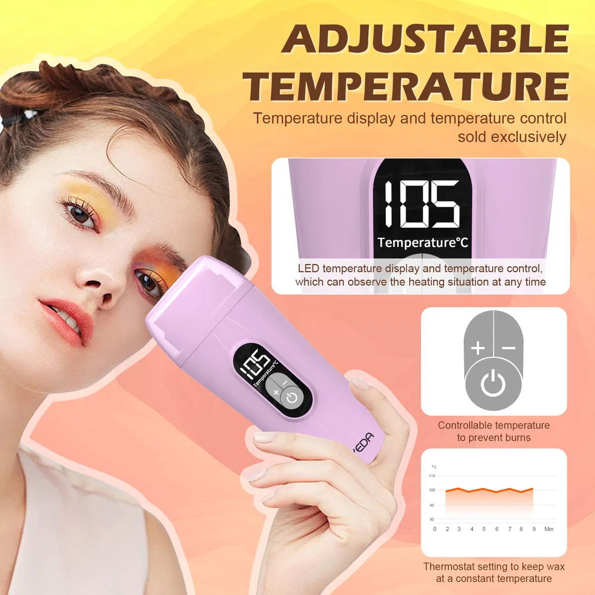 Cera digitale su rotolo, kit per la depilazione, kit per cera Honey Roller Waxing Kit, scalda cera portatile a temperatura controllata e termostabile, per donne e uomini, viola