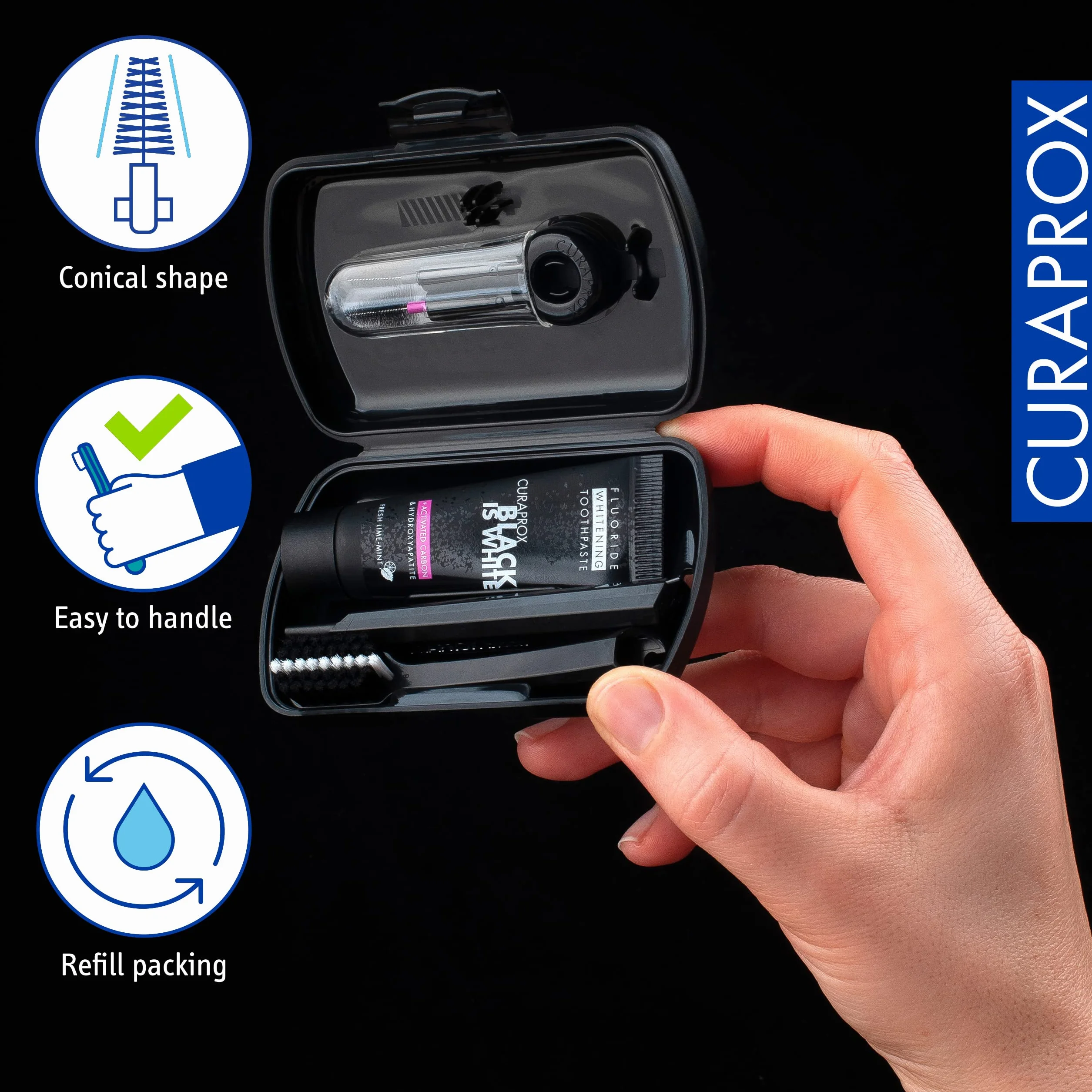 Curaprox Set di spazzolino da viaggio per lo sbiancamento dei denti in movimento/Black is white edition/Include dentifricio, spazzolino e scovolini interdentali/Made in Switzerland