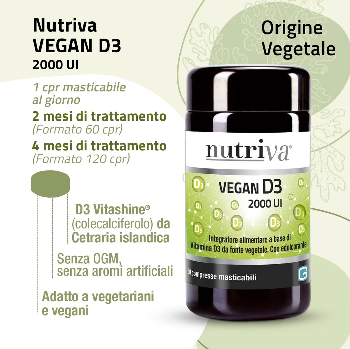 NUTRIVA Vegan D3, Integratore Alimentare a Base di Vitamina D3, Ideale per le Ossa e per il Supporto del Sistema Immunitario, Naturale, Privo di OGM, Glutine e Allergeni - 120 Compresse Masticabili