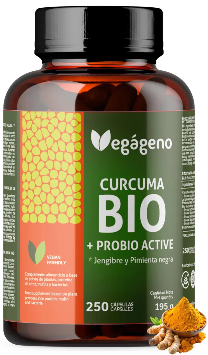 Curcuma BIO con Piperina e Zenzero – 250 Capsule (Scorta 4 Mesi) con Probiotici (200 milioni di UFC) e Prebiotici (Inulina Bio) – Curcumina e Piperina – VEGAGENO
