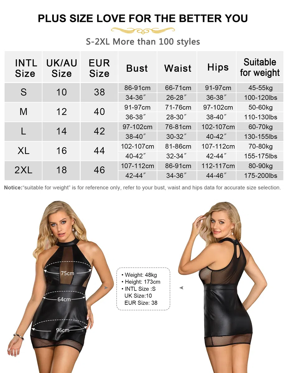 Negligee Bodycon Dress in pelle PU effetto bagnato, senza maniche, per clubwear Lingerie aderente al collo, da donna, babydoll sexy, per donne paffute, taglie S-2XL, nero